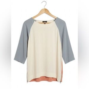 TOPSHOP Colorblock Raglan Top Size 8 Side Zip 3/4 Sleeve Viscose Blouse